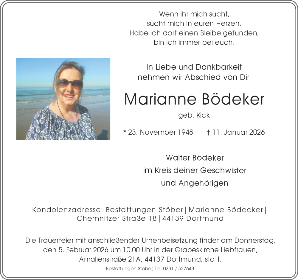 Traueranzeige für Marianne Bödeker vom 31.01.2026 aus Ruhr Nachrichten