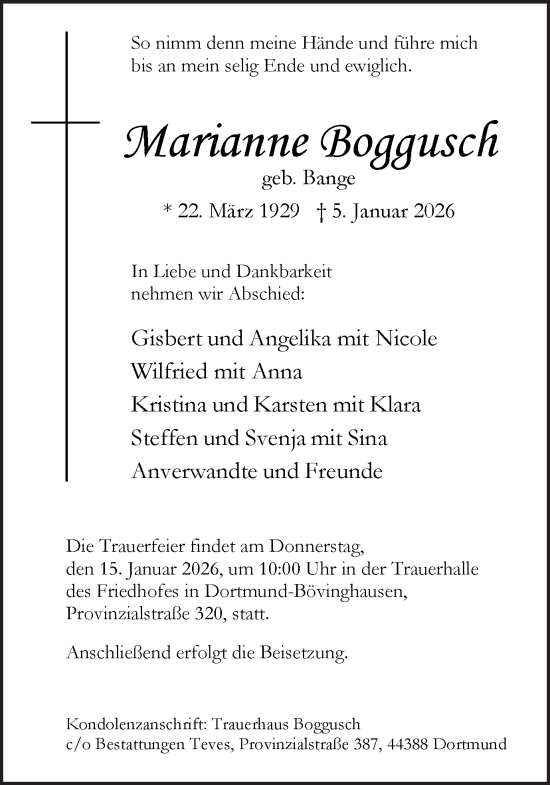 Traueranzeige von Marianne Boggusch von Ruhr Nachrichten