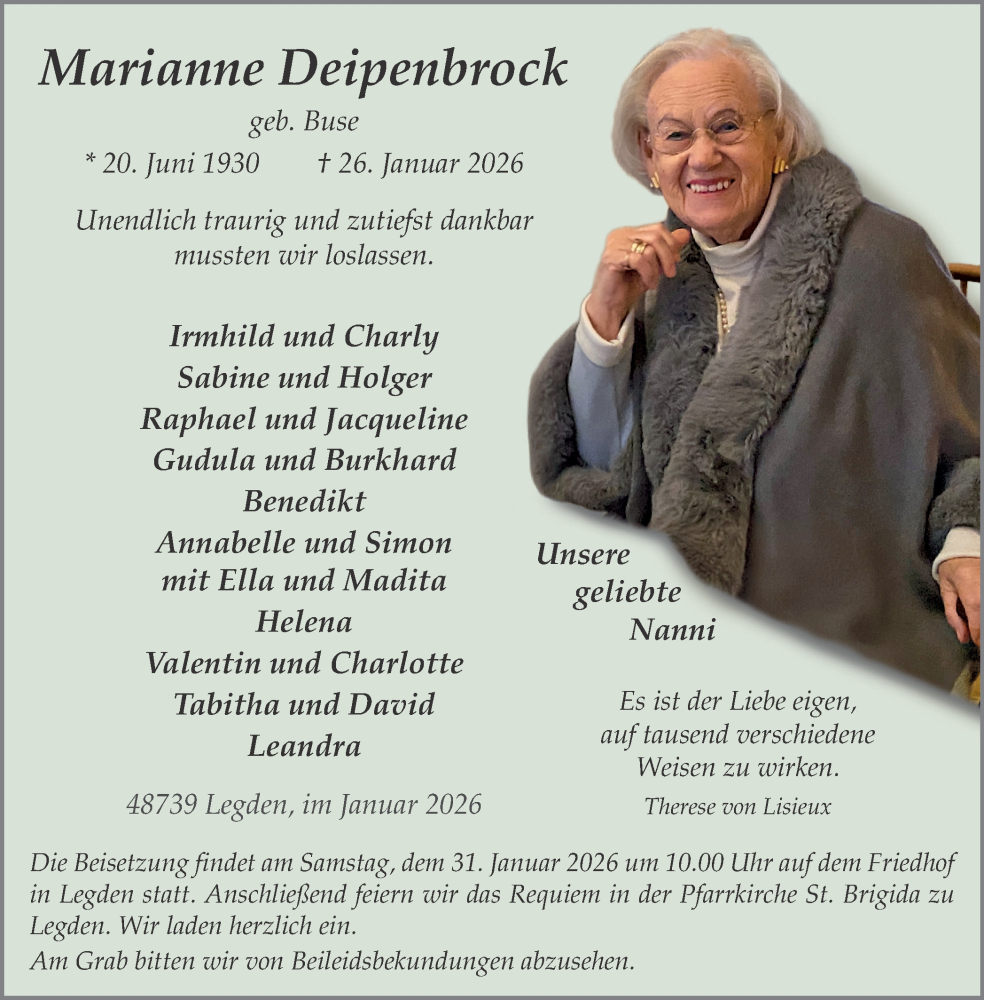  Traueranzeige für Marianne Deipenbrock vom 29.01.2026 aus Münsterland Zeitung