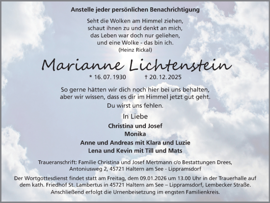 Traueranzeige von Marianne Lichtenstein von Ruhr Nachrichten und Halterner Zeitung