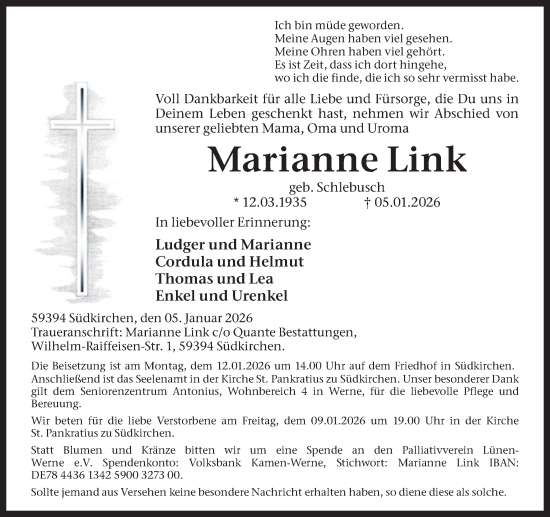 Traueranzeige von Marianne Link von Ruhr Nachrichten