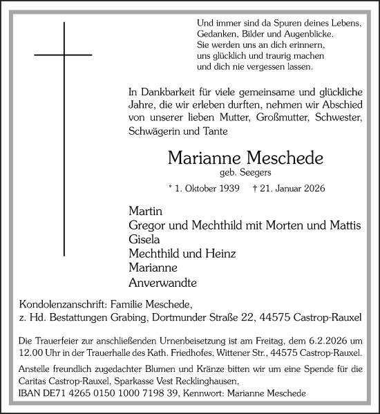 Traueranzeige von Marianne Meschede von Stadtanzeiger Castrop-Rauxel