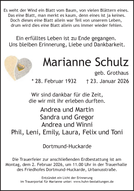 Traueranzeige von Marianne Schulz von Ruhr Nachrichten