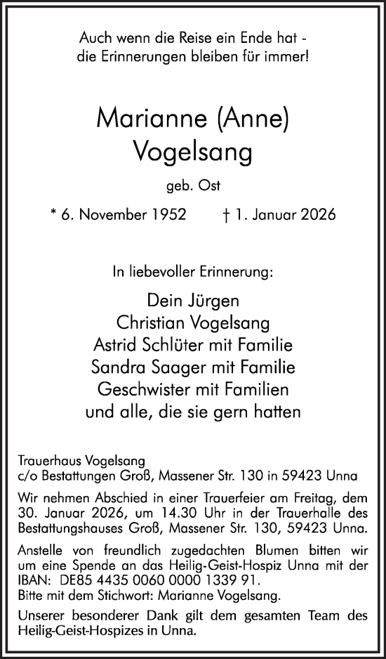 Traueranzeige von Marianne Vogelsang von Hellweger Anzeiger