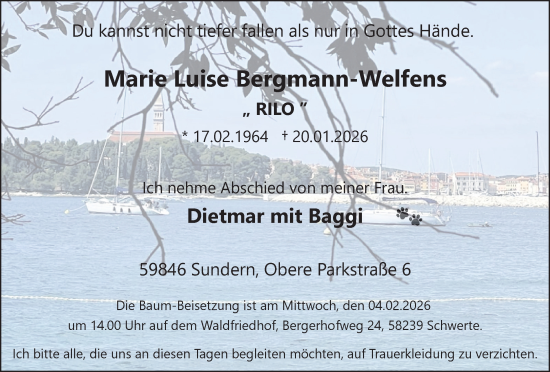 Traueranzeige von Marie Luise Bergmann-Welfens von Ruhr Nachrichten