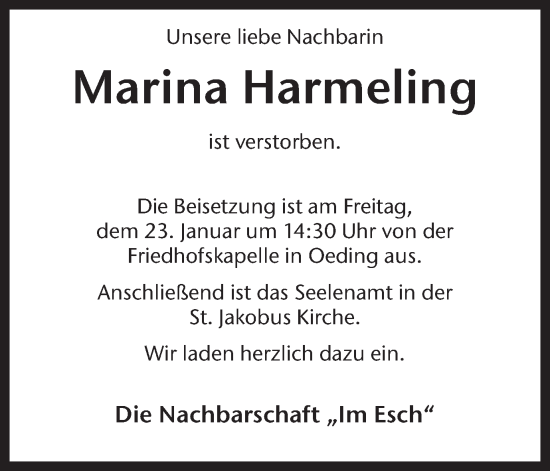 Traueranzeige von Marina Harmeling von Münsterland Zeitung