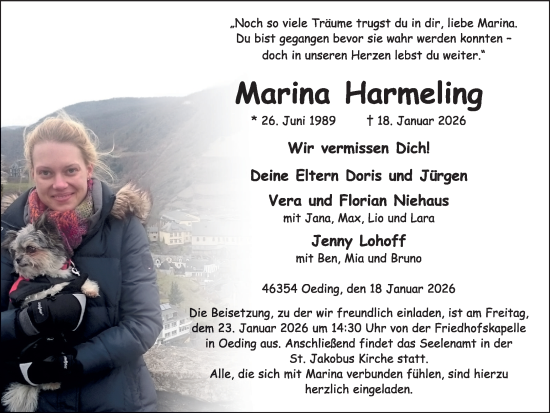 Traueranzeige von Marina Harmeling von Münsterland Zeitung
