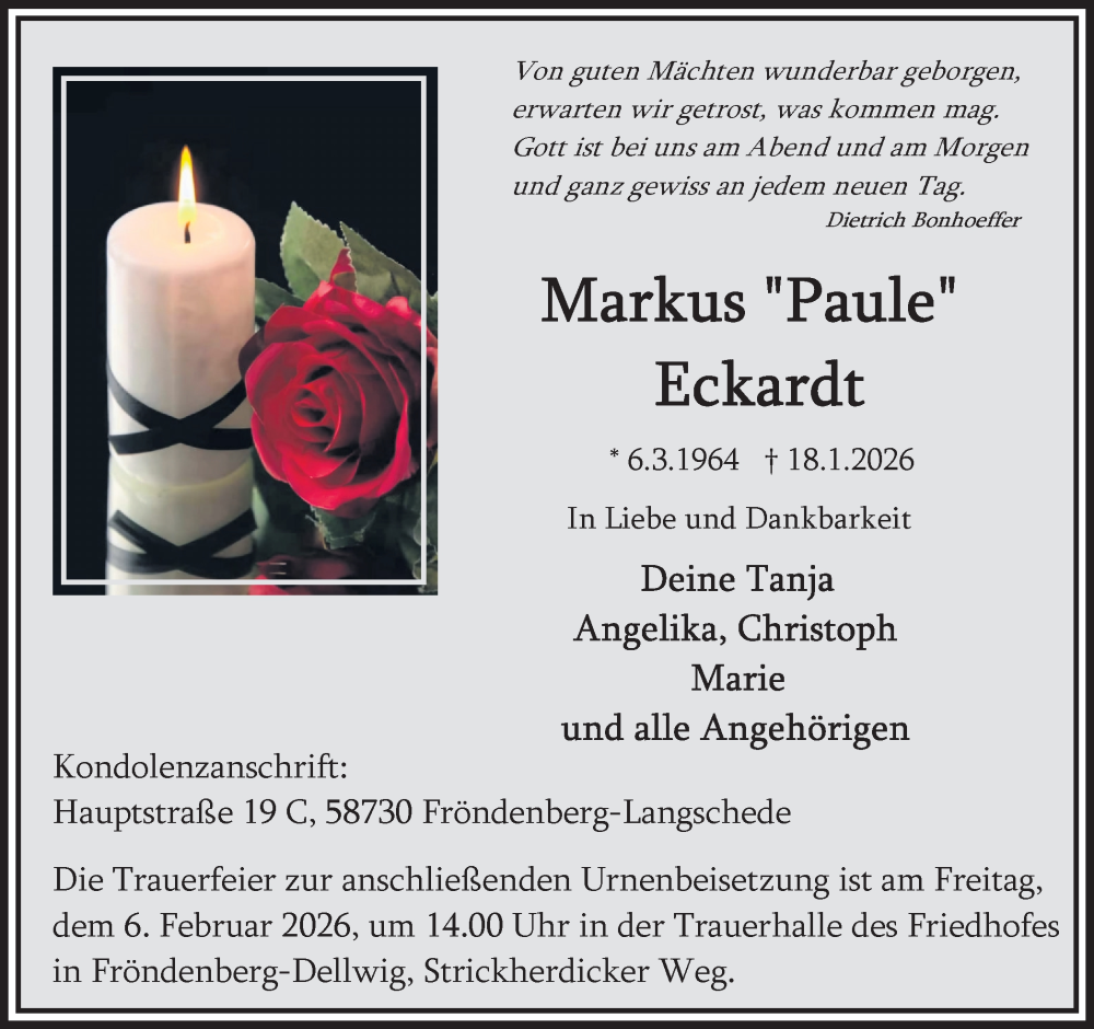  Traueranzeige für Markus Eckardt vom 31.01.2026 aus Hellweger Anzeiger
