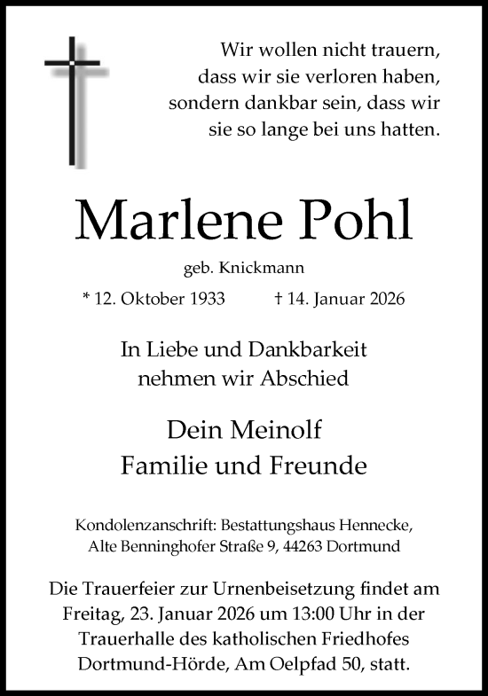 Traueranzeige von Marlene Pohl von Ruhr Nachrichten
