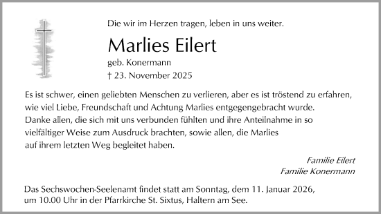 Traueranzeige von Marlies Eilert von Ruhr Nachrichten und Halterner Zeitung