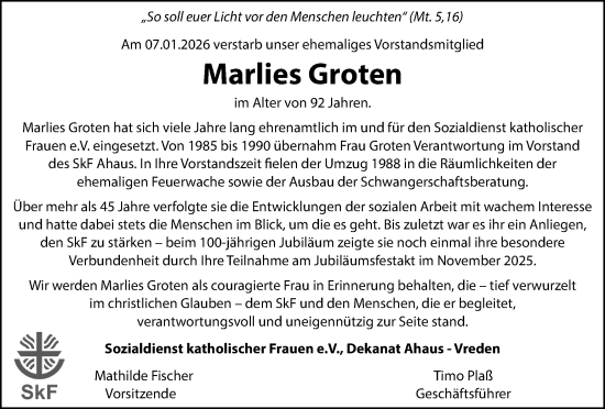 Traueranzeige von Marlis Groten von Münsterland Zeitung