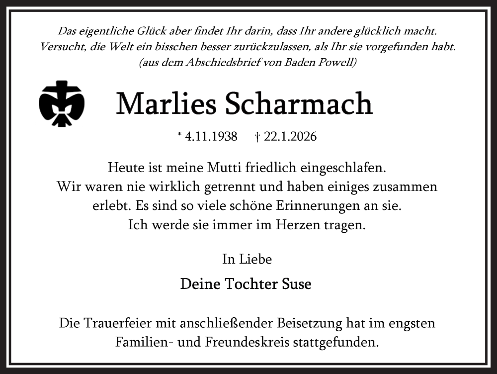 Traueranzeige für Marlies Scharmach vom 31.01.2026 aus Ruhr Nachrichten