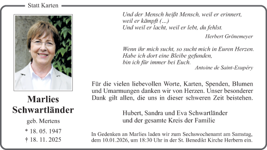 Traueranzeige von Marlies Schwartländer von Ruhr Nachrichten