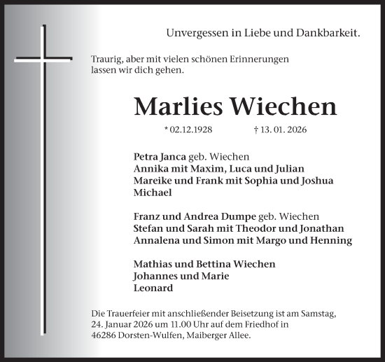 Traueranzeige von Marlies Wiechen von Ruhr Nachrichten und Dorstener Zeitung