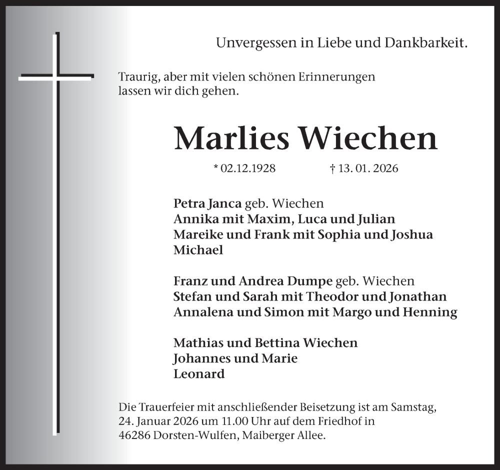  Traueranzeige für Marlies Wiechen vom 17.01.2026 aus Ruhr Nachrichten und Dorstener Zeitung