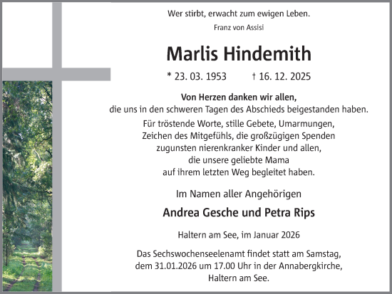 Traueranzeige von Marlis Hindemith von Ruhr Nachrichten und Halterner Zeitung