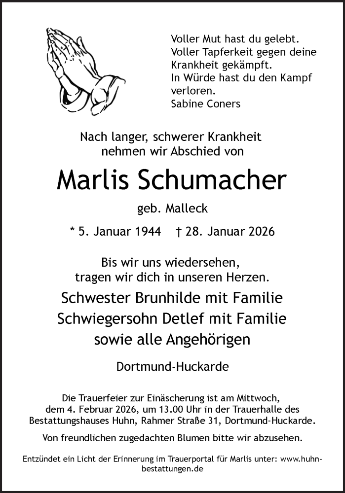  Traueranzeige für Marlis Schumacher vom 31.01.2026 aus Ruhr Nachrichten