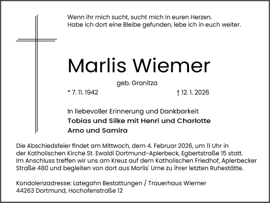 Traueranzeige von Marlis Wiemer von Ruhr Nachrichten