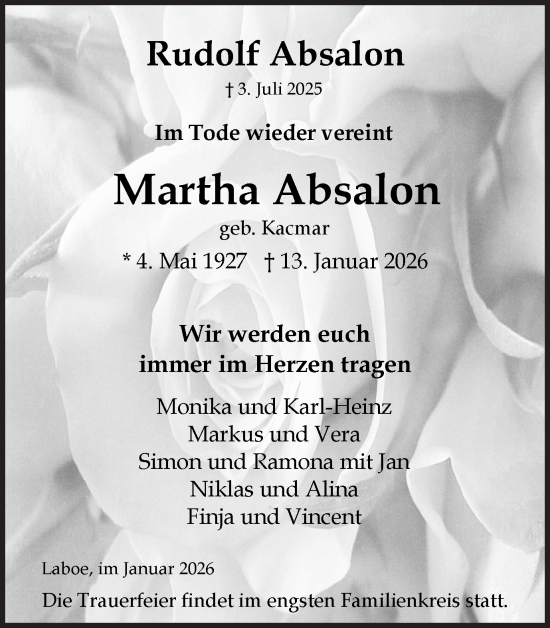 Traueranzeige von Martha Absalon von Trauer Vest