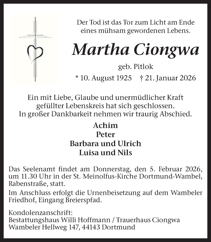  Traueranzeige für Martha Ciongwa vom 31.01.2026 aus Ruhr Nachrichten
