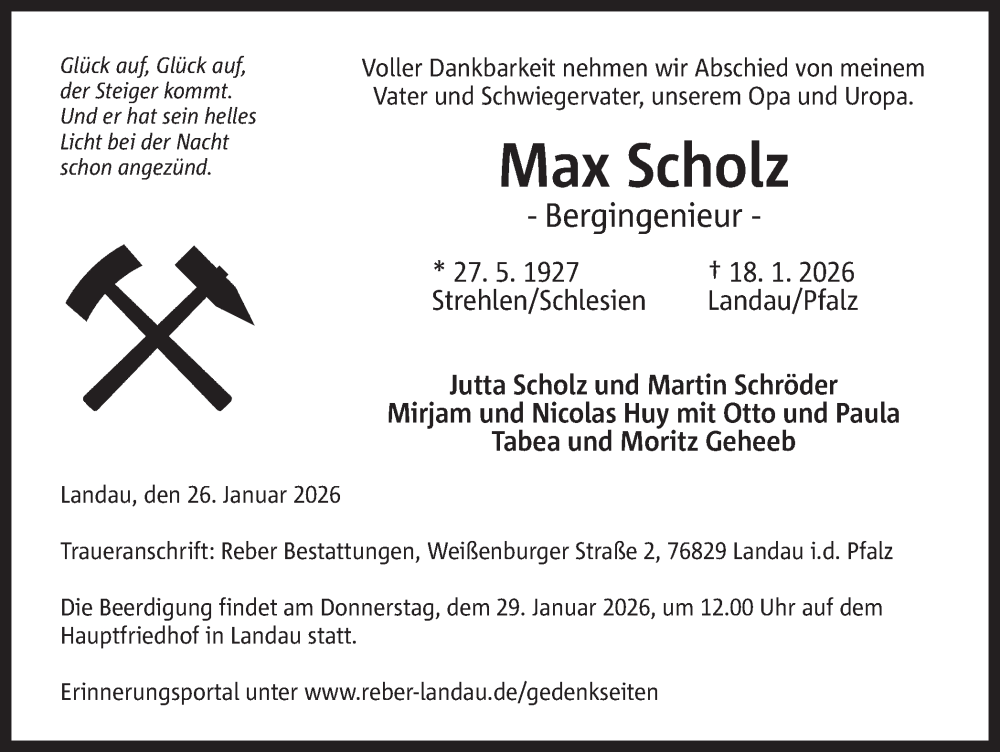  Traueranzeige für Max Scholz vom 26.01.2026 aus Ruhr Nachrichten