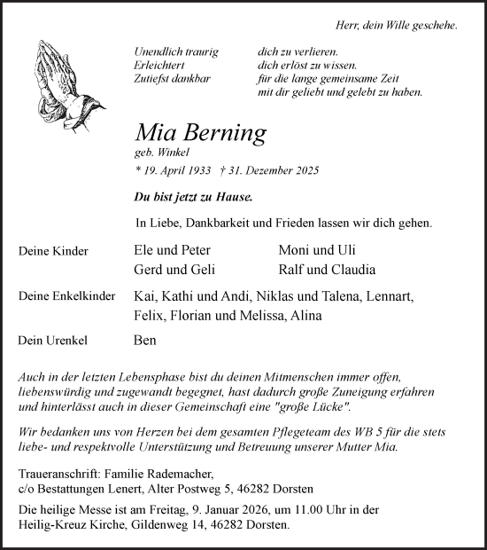 Traueranzeige von Mia Berning von Trauer Vest