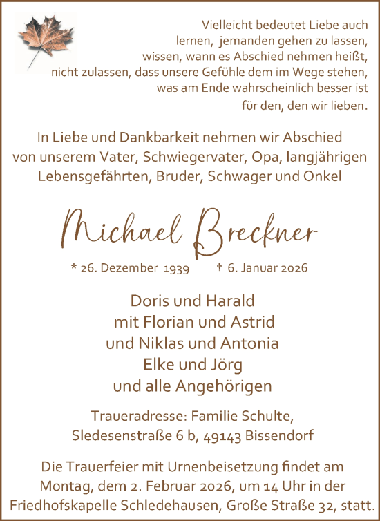 Traueranzeige von Michael Breckner von Trauer Vest
