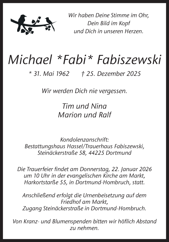  Traueranzeige für Michael Fabiszewski vom 10.01.2026 aus Ruhr Nachrichten