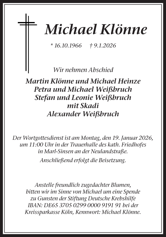 Traueranzeige von Michael Klönne von Trauer Vest