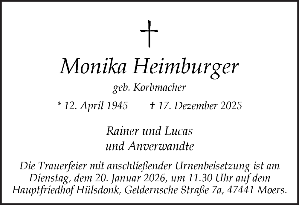  Traueranzeige für Monika Heimburger vom 13.01.2026 aus Ruhr Nachrichten und Dorstener Zeitung