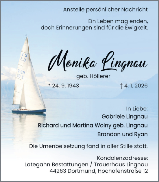 Traueranzeige von Monika Lingnau von Ruhr Nachrichten