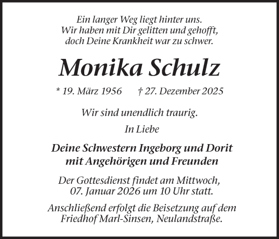 Traueranzeige von Monika Schulz von Trauer Vest