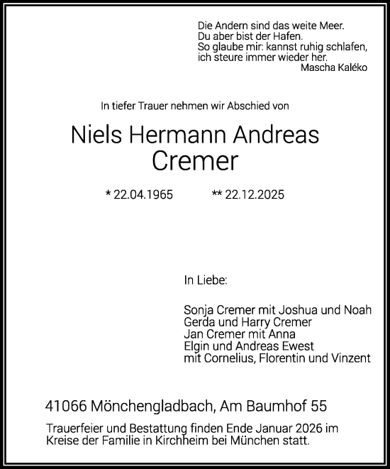 Traueranzeige von Niels Hermann Andreas Cremer 