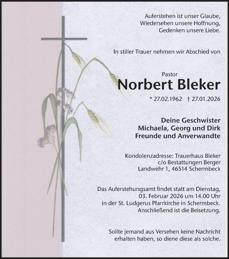  Traueranzeige für Norbert Bleker vom 30.01.2026 aus Ruhr Nachrichten und Dorstener Zeitung
