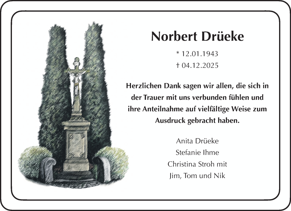  Traueranzeige für Norbert Drüeke vom 13.01.2026 aus 