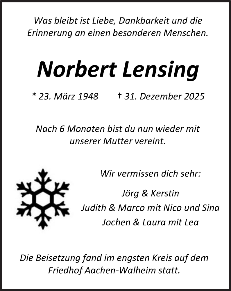  Traueranzeige für Norbert Lensing vom 24.01.2026 aus Münsterland Zeitung