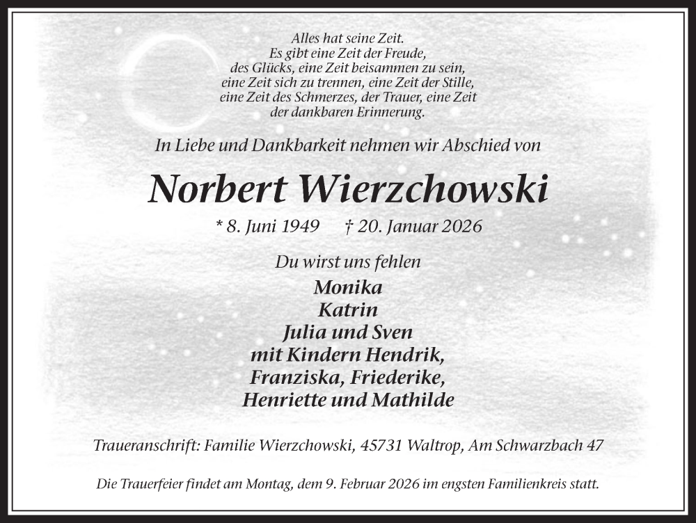  Traueranzeige für Norbert Wierzchowski vom 24.01.2026 aus Trauer Vest