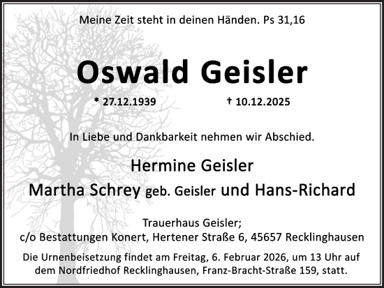 Traueranzeige von Oswald Geisler von Trauer Vest
