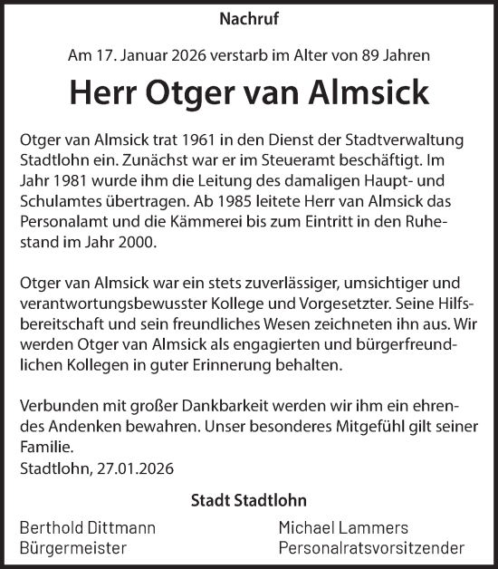 Traueranzeige von Otger van Almsick von Münsterland Zeitung