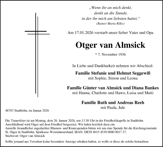 Traueranzeige von Otger van Almsick von Münsterland Zeitung