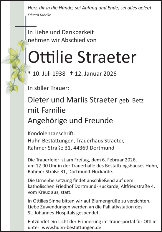 Traueranzeige von Ottilie Straeter von Ruhr Nachrichten