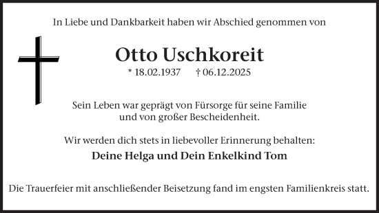 Traueranzeige von Otto Uschkoreit von Ruhr Nachrichten
