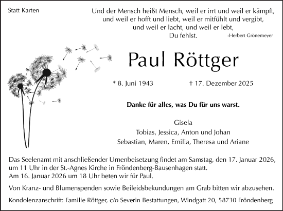 Traueranzeige von Paul Röttger von Hellweger Anzeiger