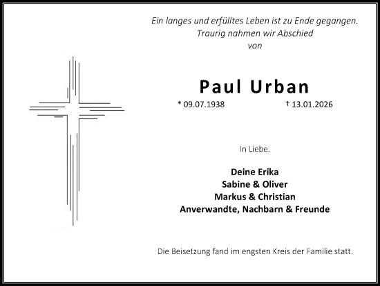 Traueranzeige von Paul Urban von Stadtanzeiger Castrop-Rauxel