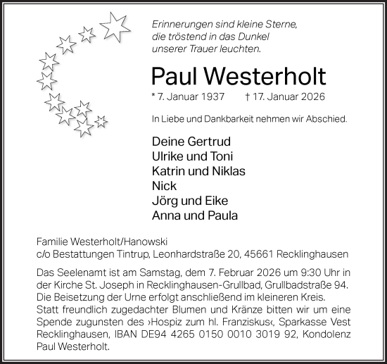 Traueranzeige von Paul Westerholt von Trauer Vest