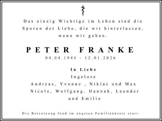Traueranzeige von Peter Franke von Hellweger Anzeiger
