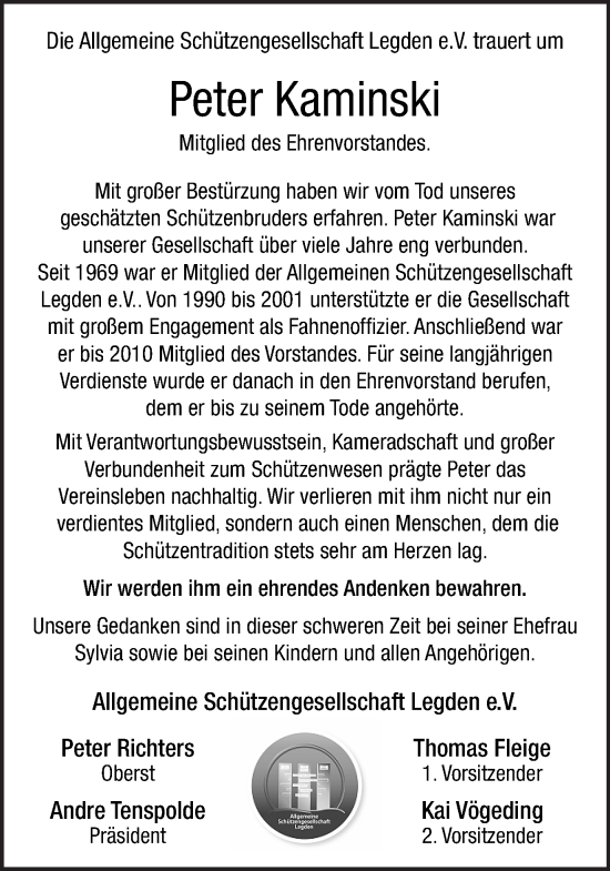 Traueranzeige von Peter Kaminski von Münsterland Zeitung
