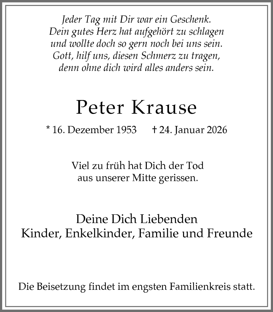  Traueranzeige für Peter Krause vom 31.01.2026 aus Stadtanzeiger Castrop-Rauxel