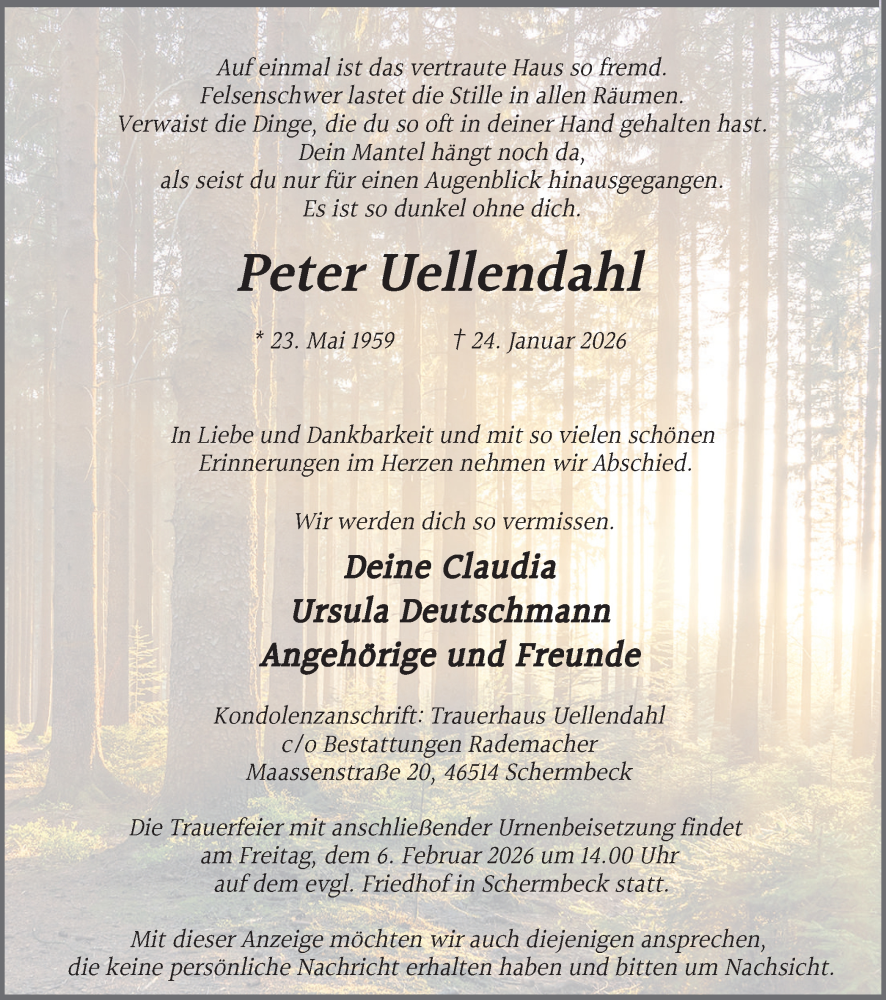  Traueranzeige für Peter Uellendahl vom 31.01.2026 aus Ruhr Nachrichten und Dorstener Zeitung
