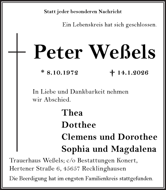 Traueranzeige von Peter Weßels von Trauer Vest